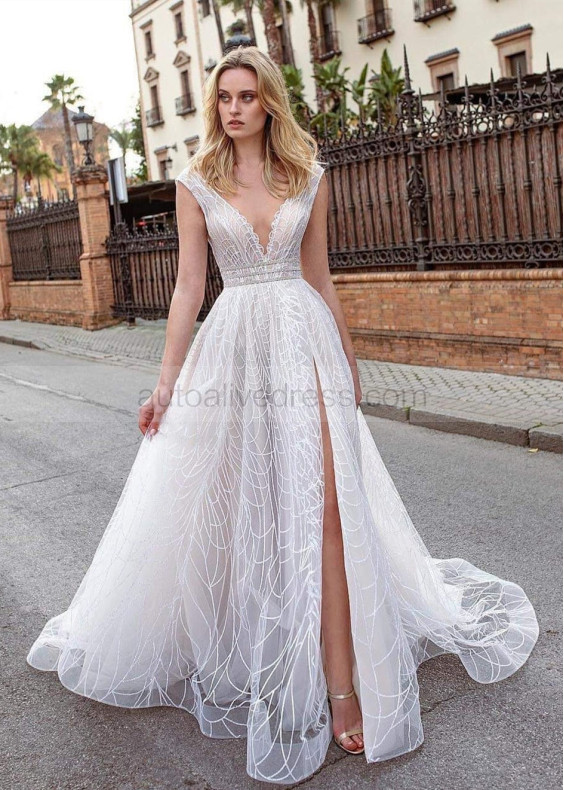 Deep V Neck Ivory Lace U Back High Slit Wedding Dress